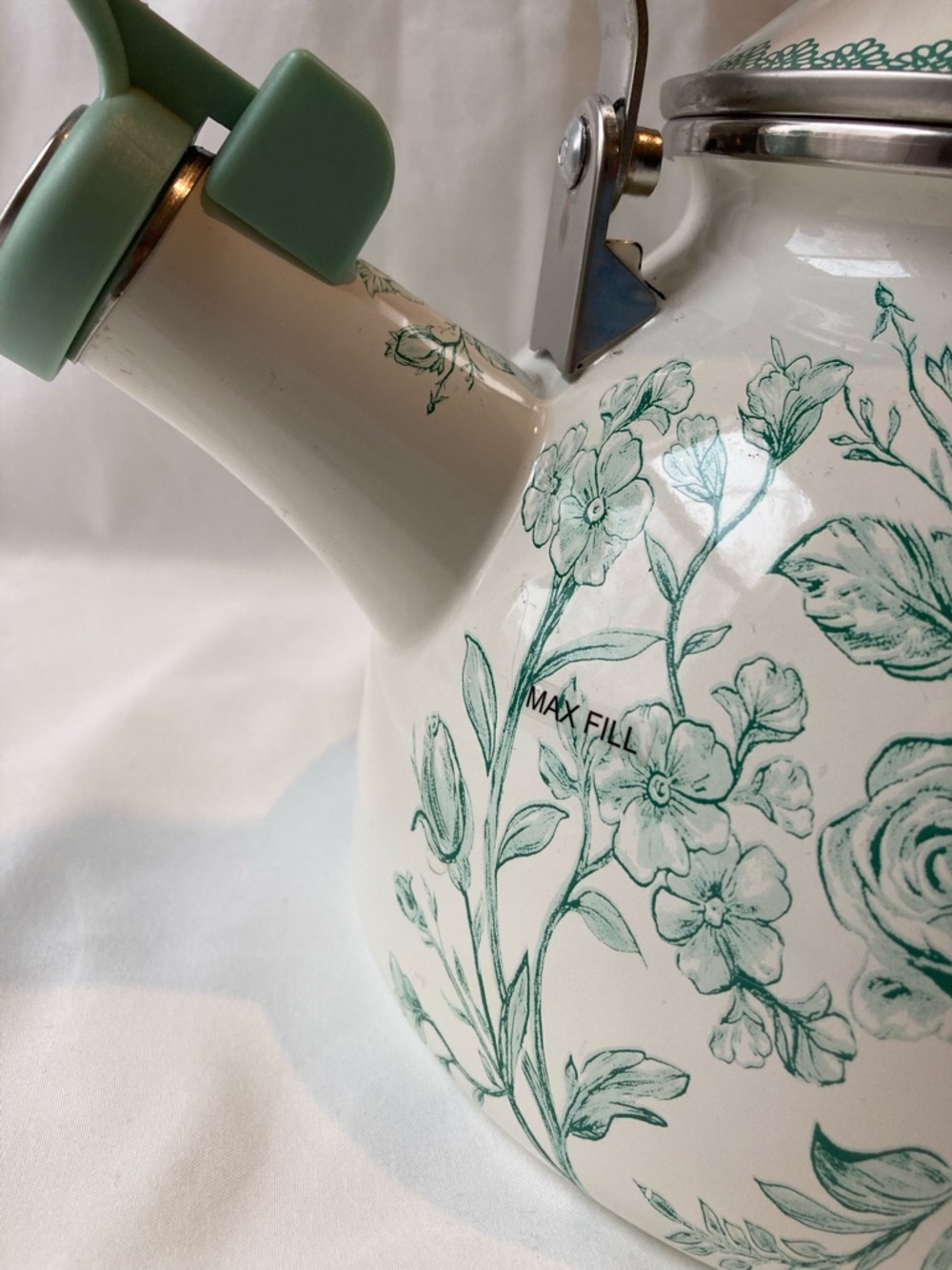 Pioneer Woman Agatha Enamel on Steel 2Qt Whistling Tea Kettle Floral Green White - Picture 3 of 9